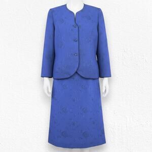 Vintage 80s Royal Blue Jacquard Skirt Suit Floral Formal Skirt Blazer Size 12P